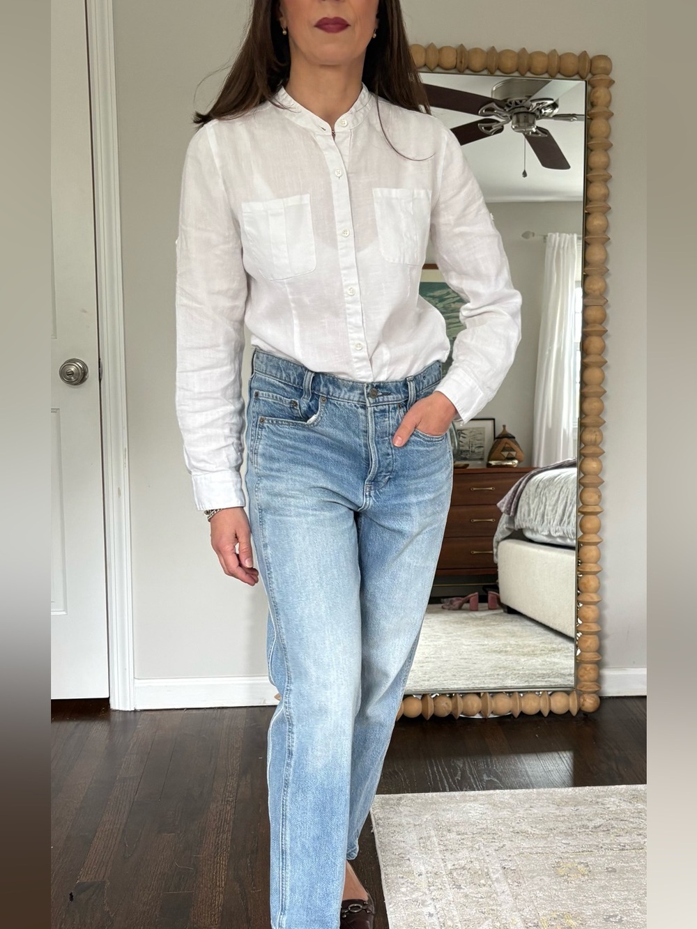 Lord & Taylor White Linen Mandarin Collar Shirt - Picture 2 of 10